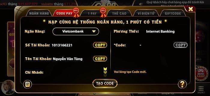 nạp tiền Code pay GO88